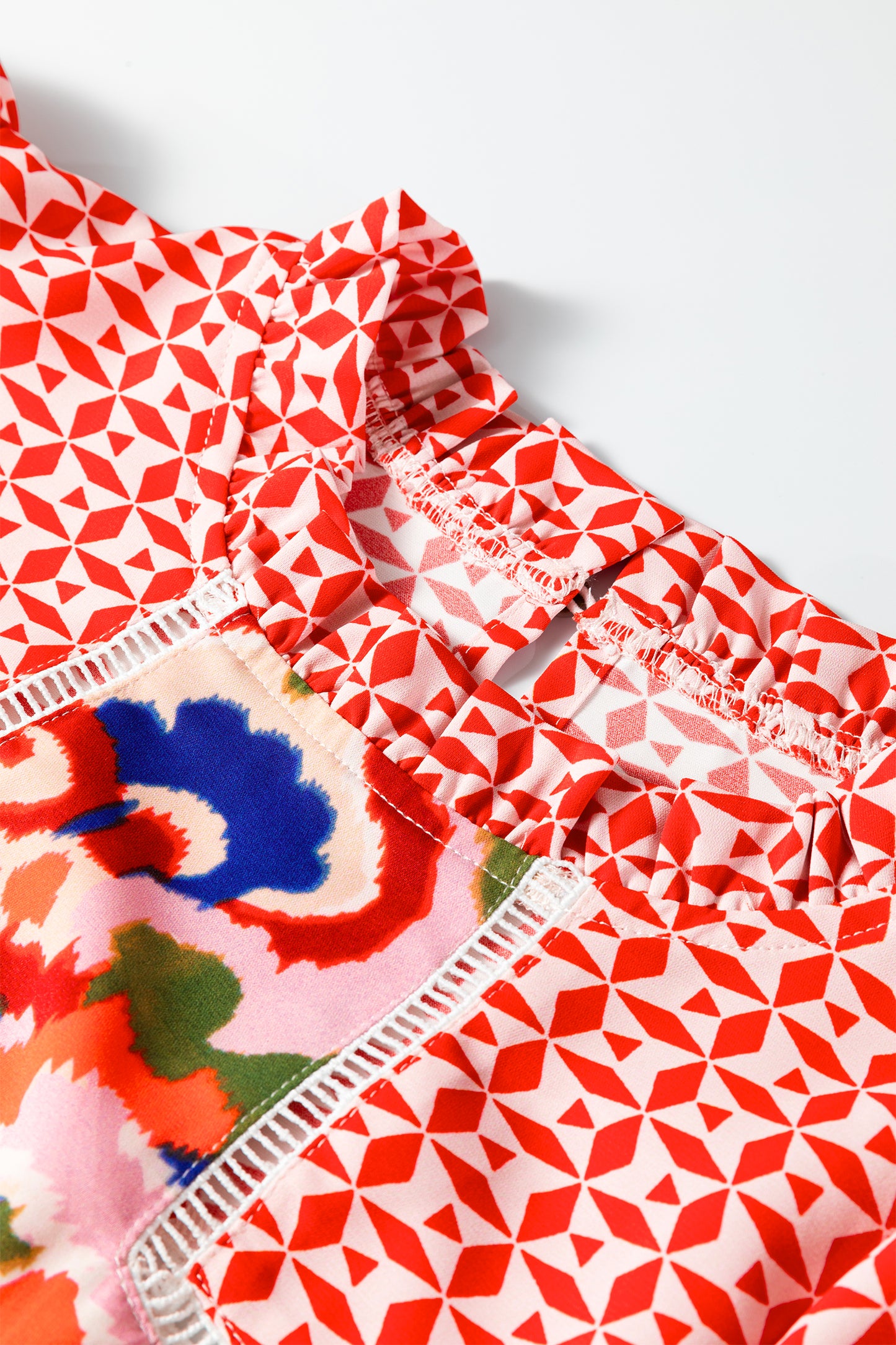 Red Paisley Geometric Mixed Print Patchwork Puff Sleeve Blouse Top-Tops/Blouses & Shirts-[Adult]-[Female]-2022 Online Blue Zone Planet