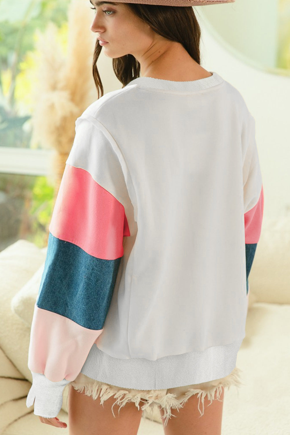 Blue Zone Planet | White French Terry Color Block Long Sleeve Top-Tops/Long Sleeve Tops-[Adult]-[Female]-2022 Online Blue Zone Planet