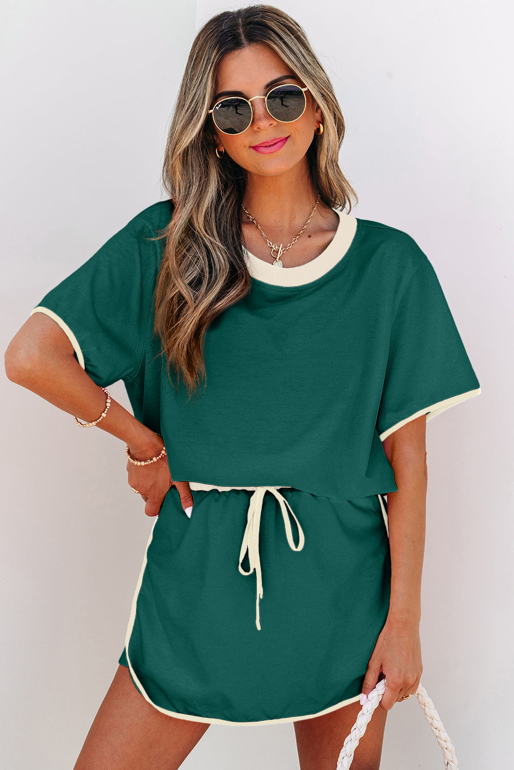 Evergreen Colorblock Edge Drop Shoulder T Shirt and Skirt 2Pcs Set-Two Piece Sets/Two Piece Dresses-[Adult]-[Female]-2022 Online Blue Zone Planet
