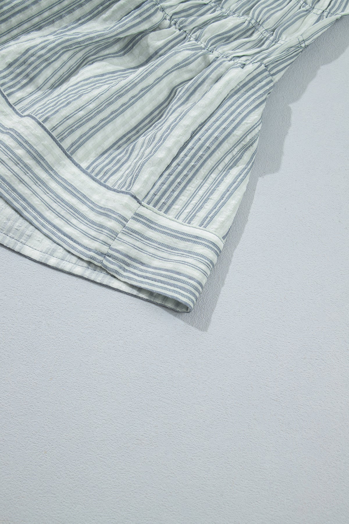 Blue Stripe V Neck Shirred Long Sleeve Blouse-Tops/Blouses & Shirts-[Adult]-[Female]-2022 Online Blue Zone Planet