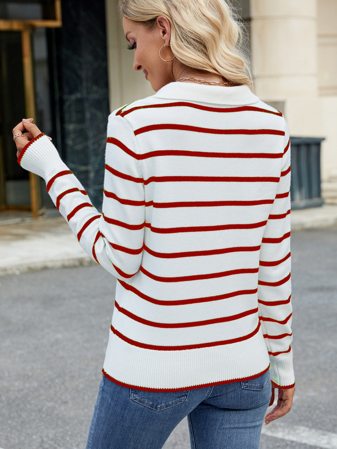 Striped Johnny Collar Long Sleeve Sweater-TOPS / DRESSES-[Adult]-[Female]-2022 Online Blue Zone Planet