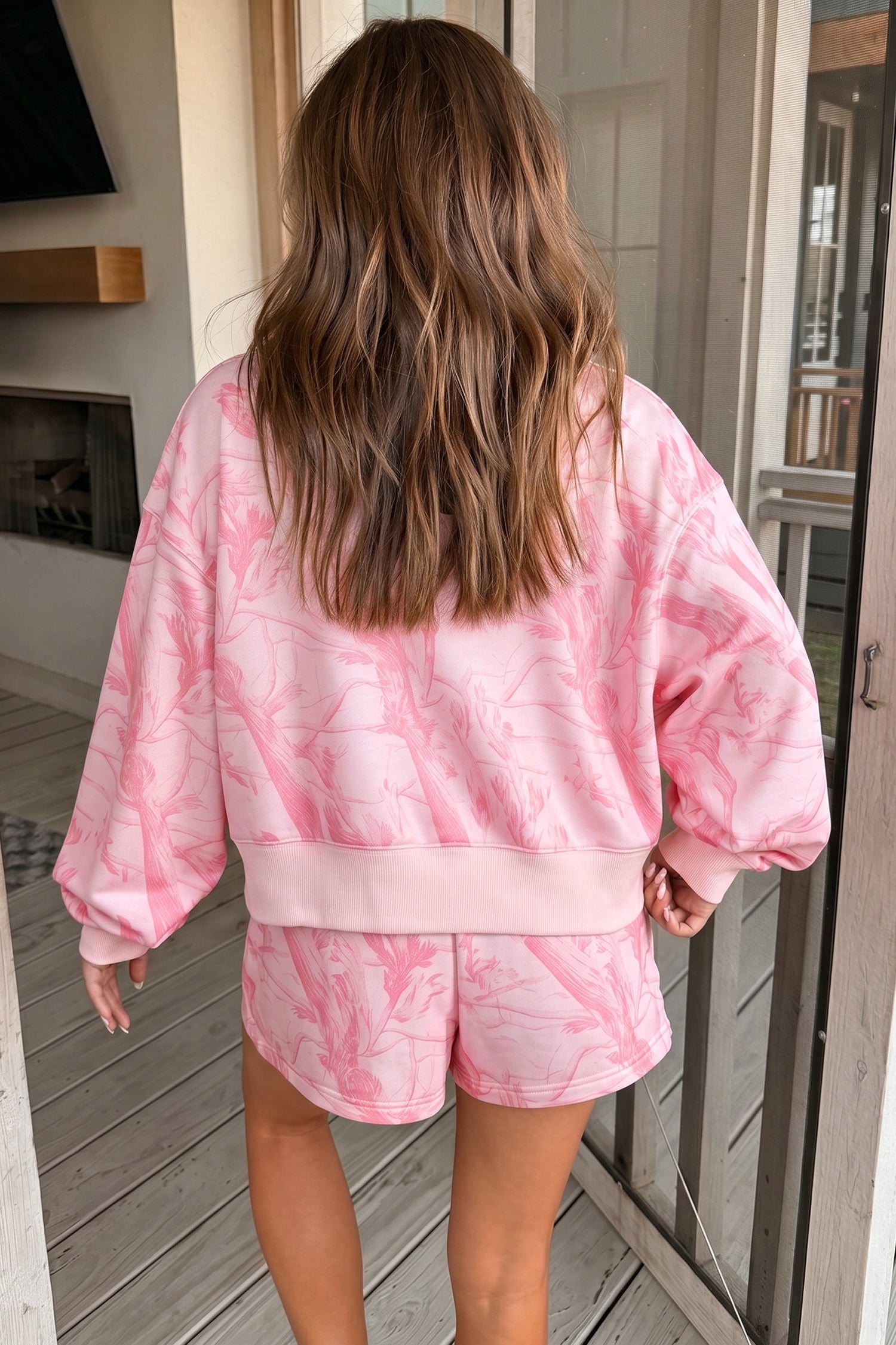 Pink Abstract Print Ribbed Crewneck Long Sleeve Top Elastic Waist Short Set-Two Piece Sets/Short Sets-[Adult]-[Female]-2022 Online Blue Zone Planet