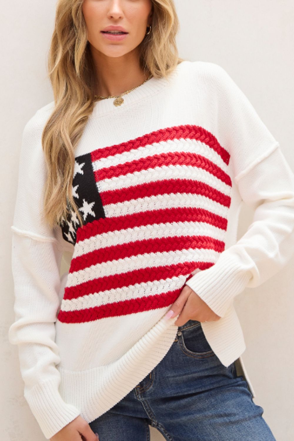 US Flag Side Slit Drop Shoulder Sweater-TOPS / DRESSES-[Adult]-[Female]-2022 Online Blue Zone Planet