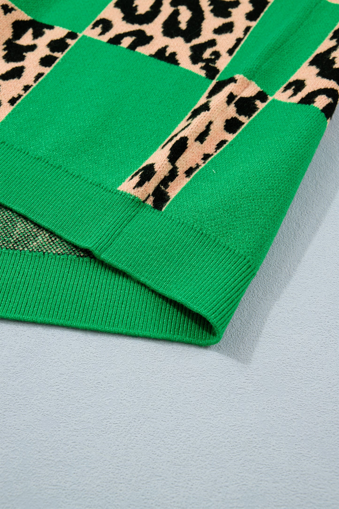 Green Plus Size Leopard Contrasted Checkered Short Sleeve Sweater-TOPS / DRESSES-[Adult]-[Female]-2022 Online Blue Zone Planet