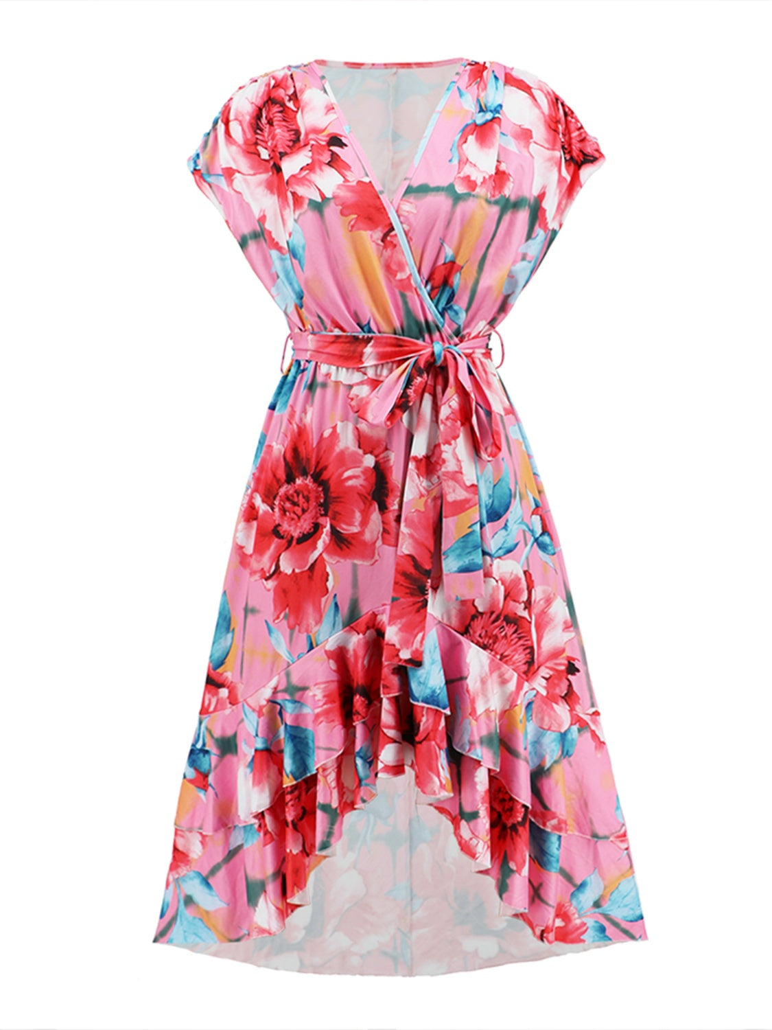 Ruffled Tied Floral Surplice Dress-TOPS / DRESSES-[Adult]-[Female]-2022 Online Blue Zone Planet