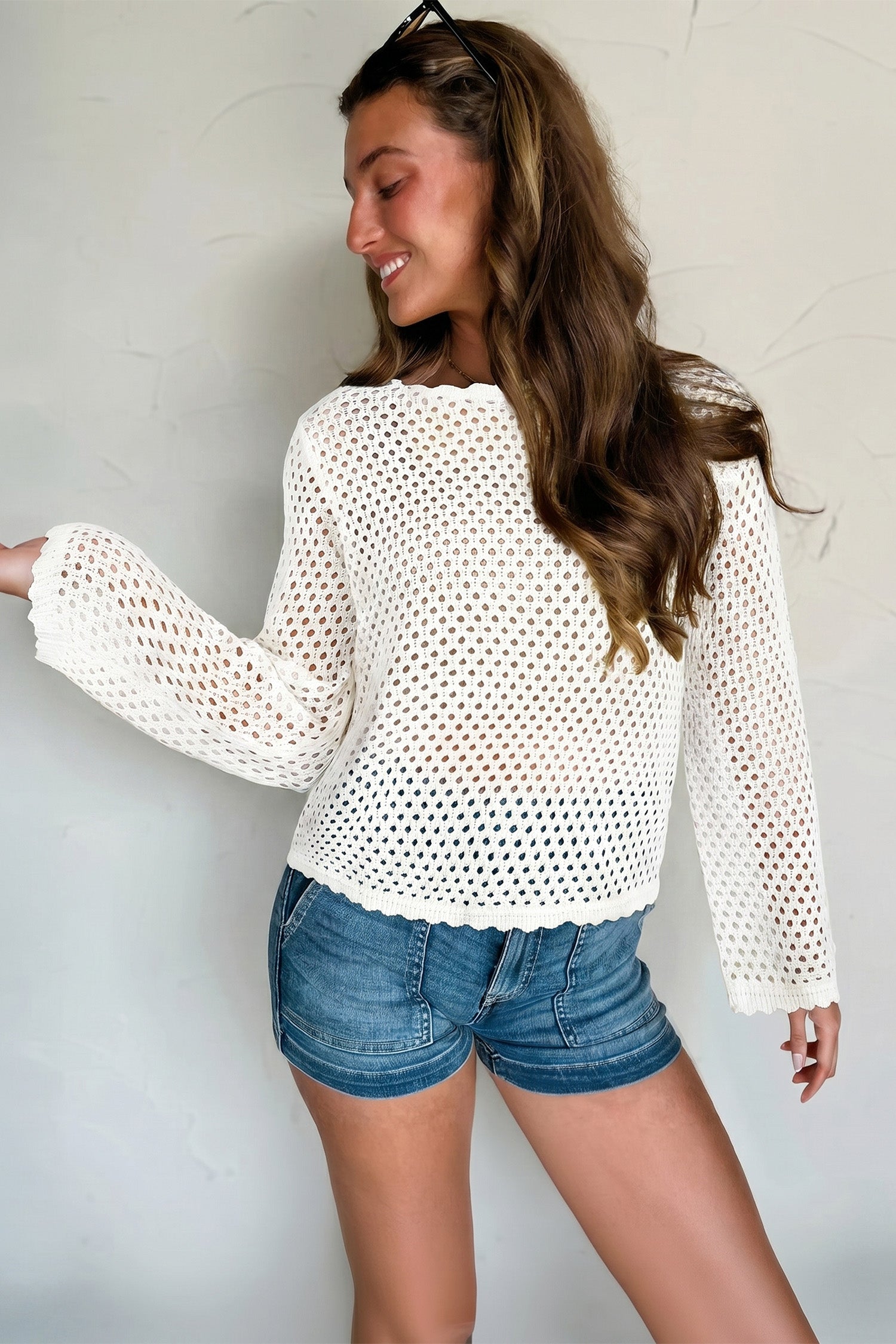 Yellow Cream Scalloped Trim Hollow Out Knit Long Sleeve Top-Sweaters & Cardigans/Sweaters-[Adult]-[Female]-2022 Online Blue Zone Planet