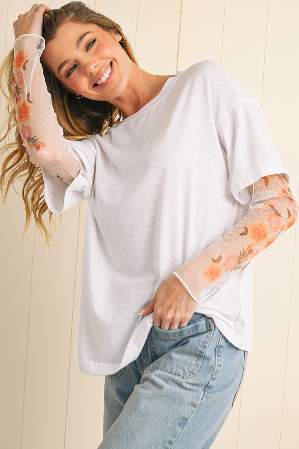 Black Floral Mesh Sleeve Fake Two-Piece Top-Long Sleeve Tops-[Adult]-[Female]-2022 Online Blue Zone Planet