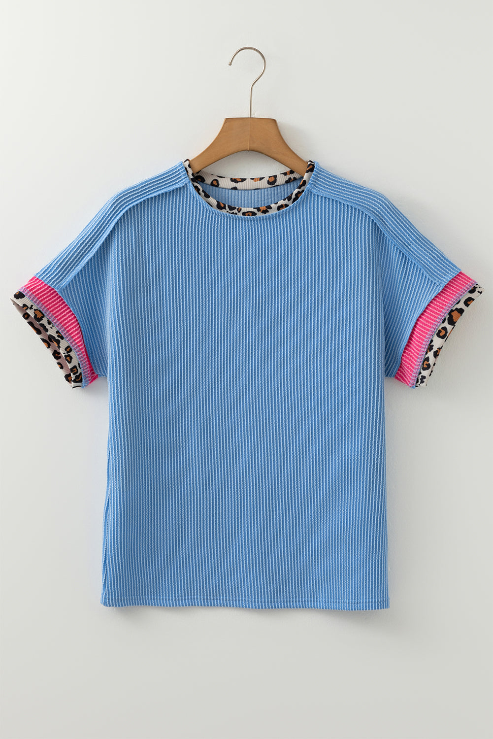 Sky Blue Leopard Patchwork Corded Knit Crew Neck T Shirt-Tops/Tops & Tees-[Adult]-[Female]-2022 Online Blue Zone Planet