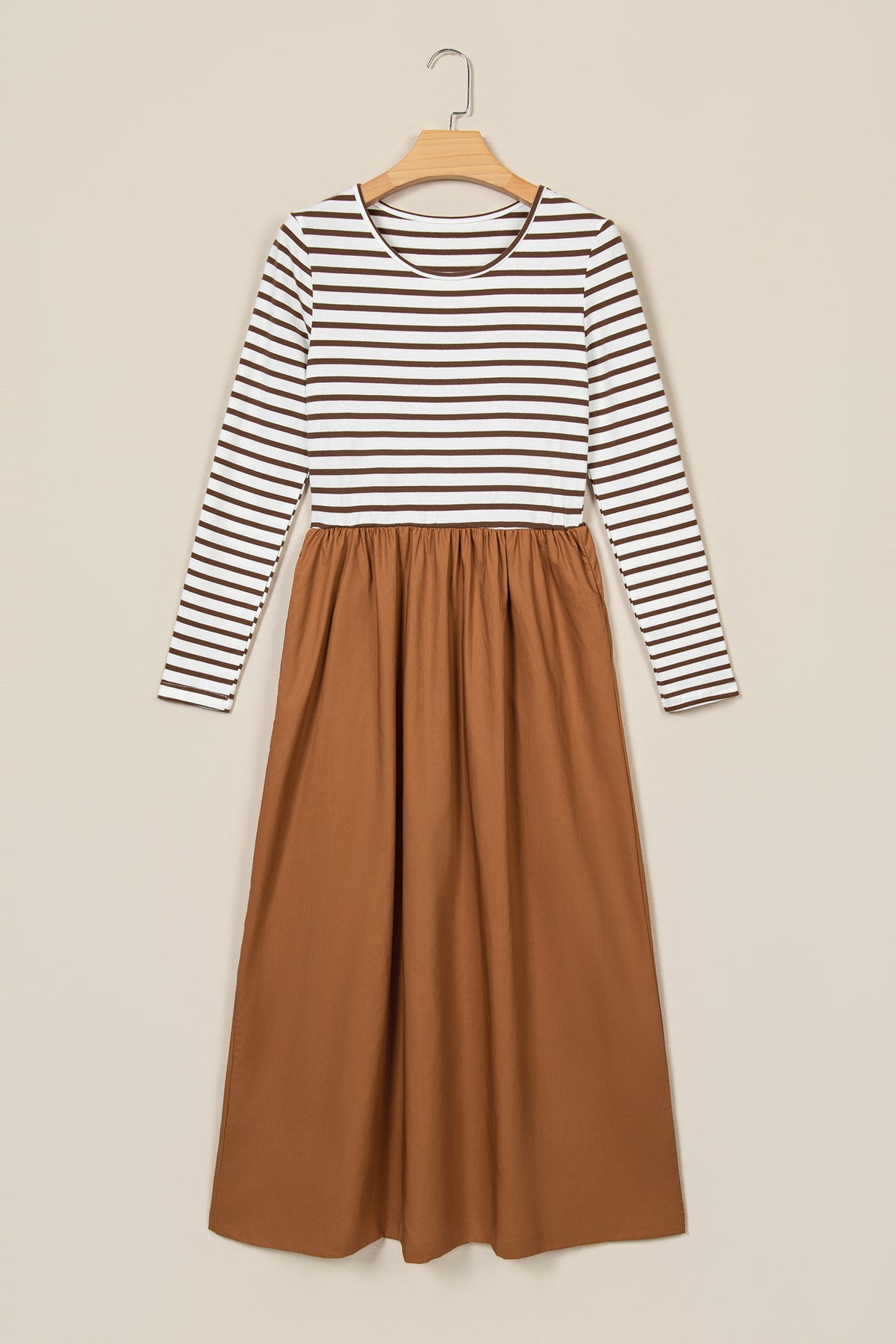 Brown Stripe Ribbed Knit Long Sleeve Bodice Contrast Patchwork Flared Dress-TOPS / DRESSES-[Adult]-[Female]-2022 Online Blue Zone Planet