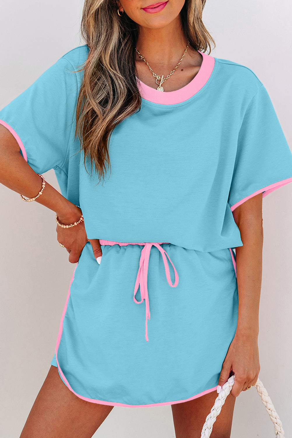 Turquoise Colorblock Edge Drop Shoulder T Shirt and Skirt 2Pcs Set-Two Piece Sets/Two Piece Dresses-[Adult]-[Female]-2022 Online Blue Zone Planet