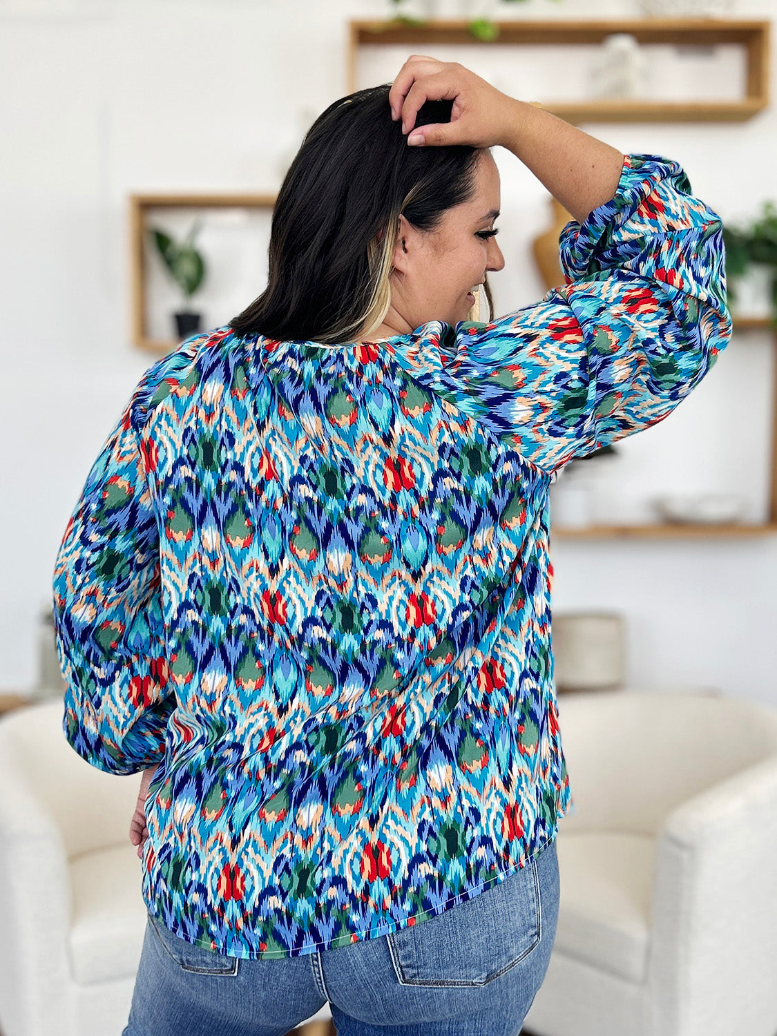 Blue Zone Planet | Double Take Full Size Printed Balloon Sleeve Blouse-TOPS / DRESSES-[Adult]-[Female]-2022 Online Blue Zone Planet