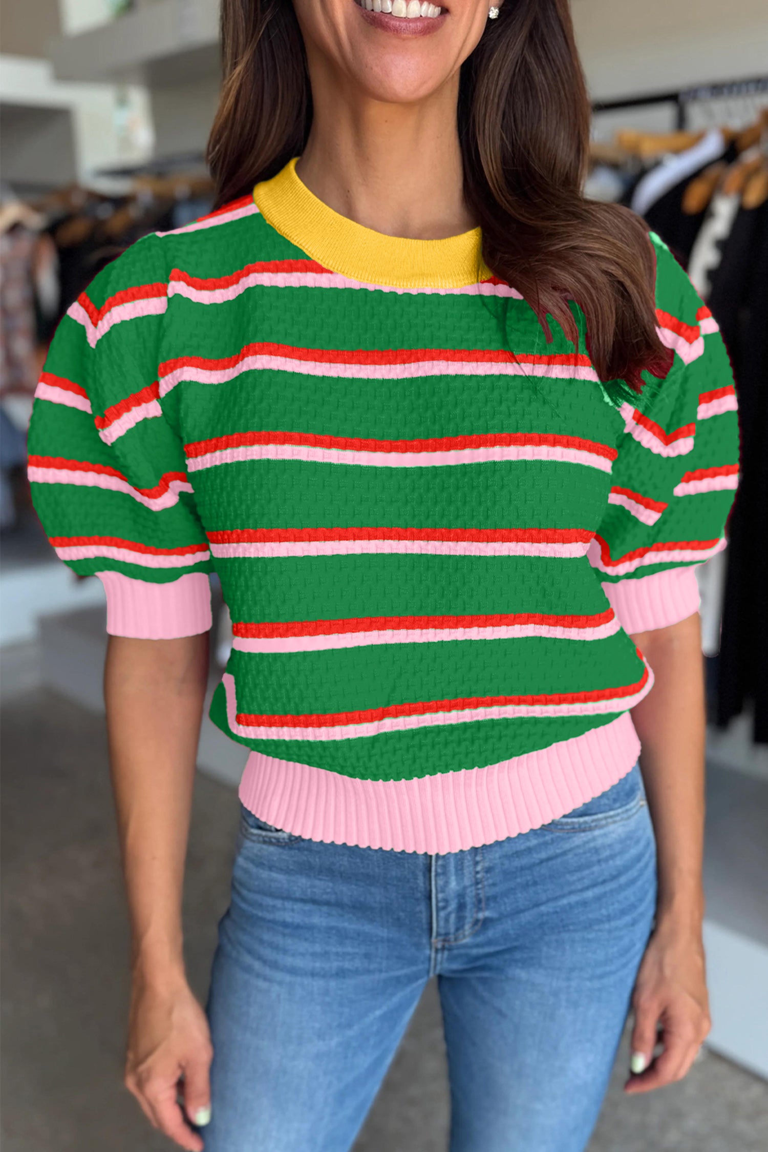 Green Stripe Colorblock Trim Half Sleeve Sweater Top-TOPS / DRESSES-[Adult]-[Female]-Green Stripe-S-2022 Online Blue Zone Planet