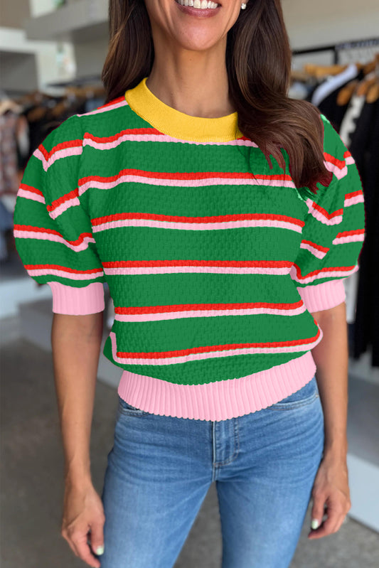 Green Stripe Colorblock Trim Half Sleeve Sweater Top-TOPS / DRESSES-[Adult]-[Female]-Green Stripe-S-2022 Online Blue Zone Planet