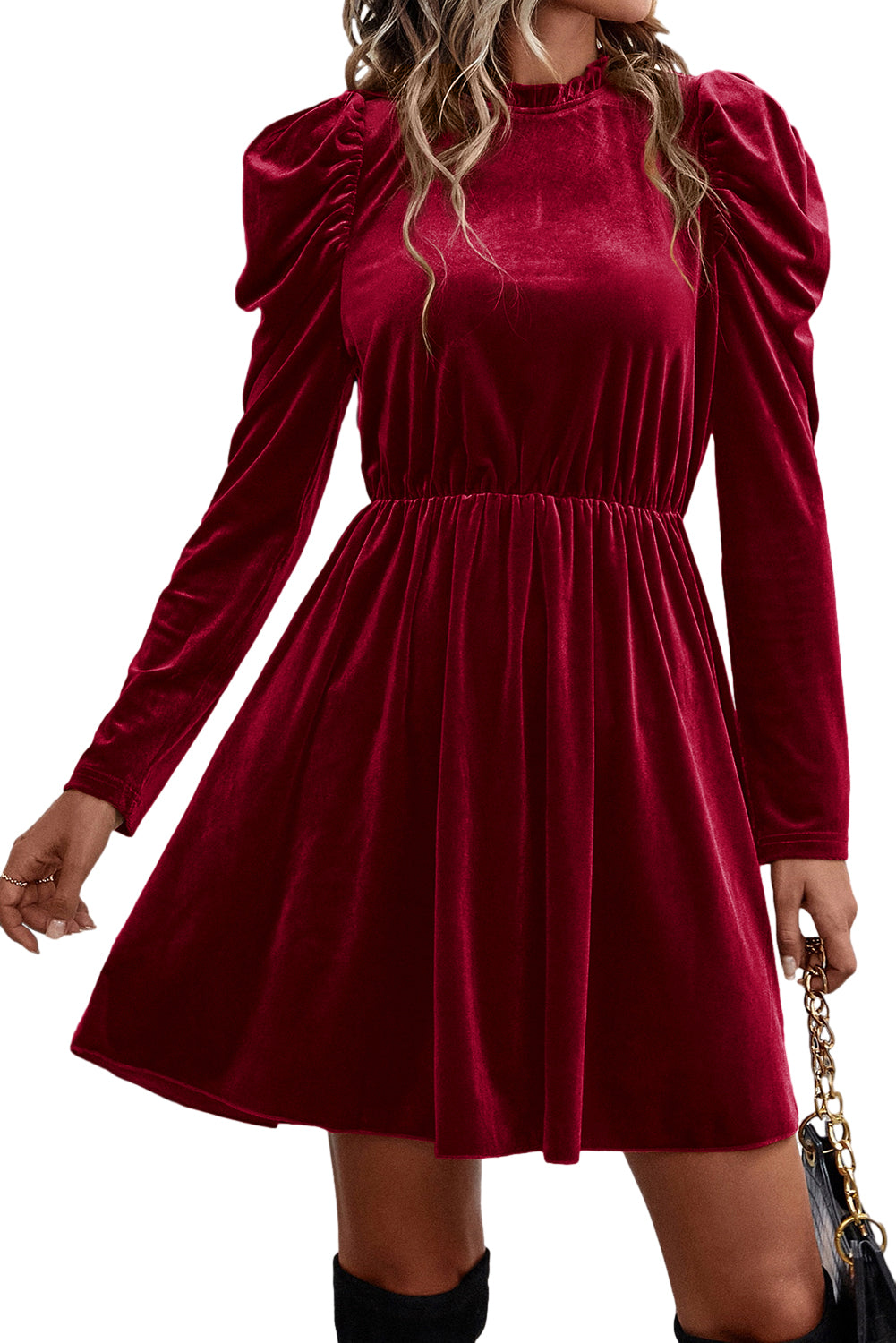 Red Dahlia Velvet Frilled Neck Gigot Sleeve Swing Dress-TOPS / DRESSES-[Adult]-[Female]-2022 Online Blue Zone Planet