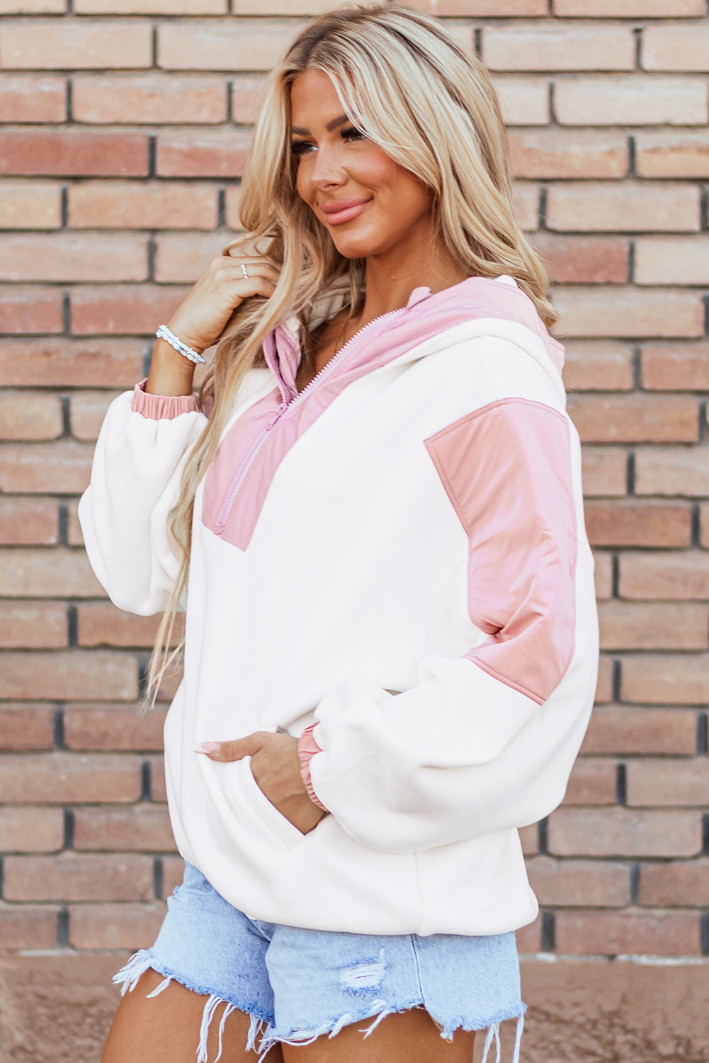 Blue Zone Planet | Pink Colorblock Patchwork Half Zip Oversized Sherpa Hoodie-Tops / Dresses-[Adult]-[Female]-2022 Online Blue Zone Planet