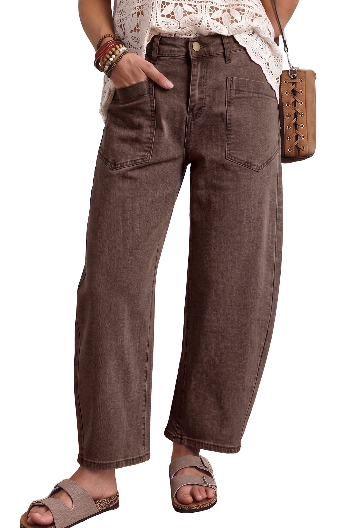 Coffee Solid Color Square Patch Pocket Ankle-length Barrel Jeans-Bottoms/Jeans-[Adult]-[Female]-2022 Online Blue Zone Planet