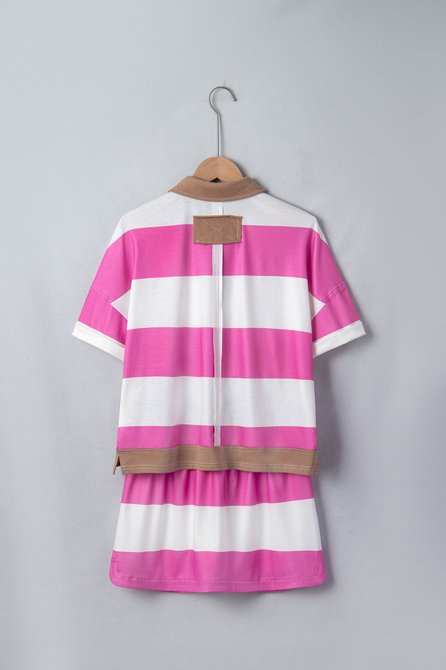 Rose Stripe Colorblock Trim Polo Tee Drawstring Mini Skirt 2pcs Set-Two Piece Sets/Two Piece Dresses-[Adult]-[Female]-2022 Online Blue Zone Planet