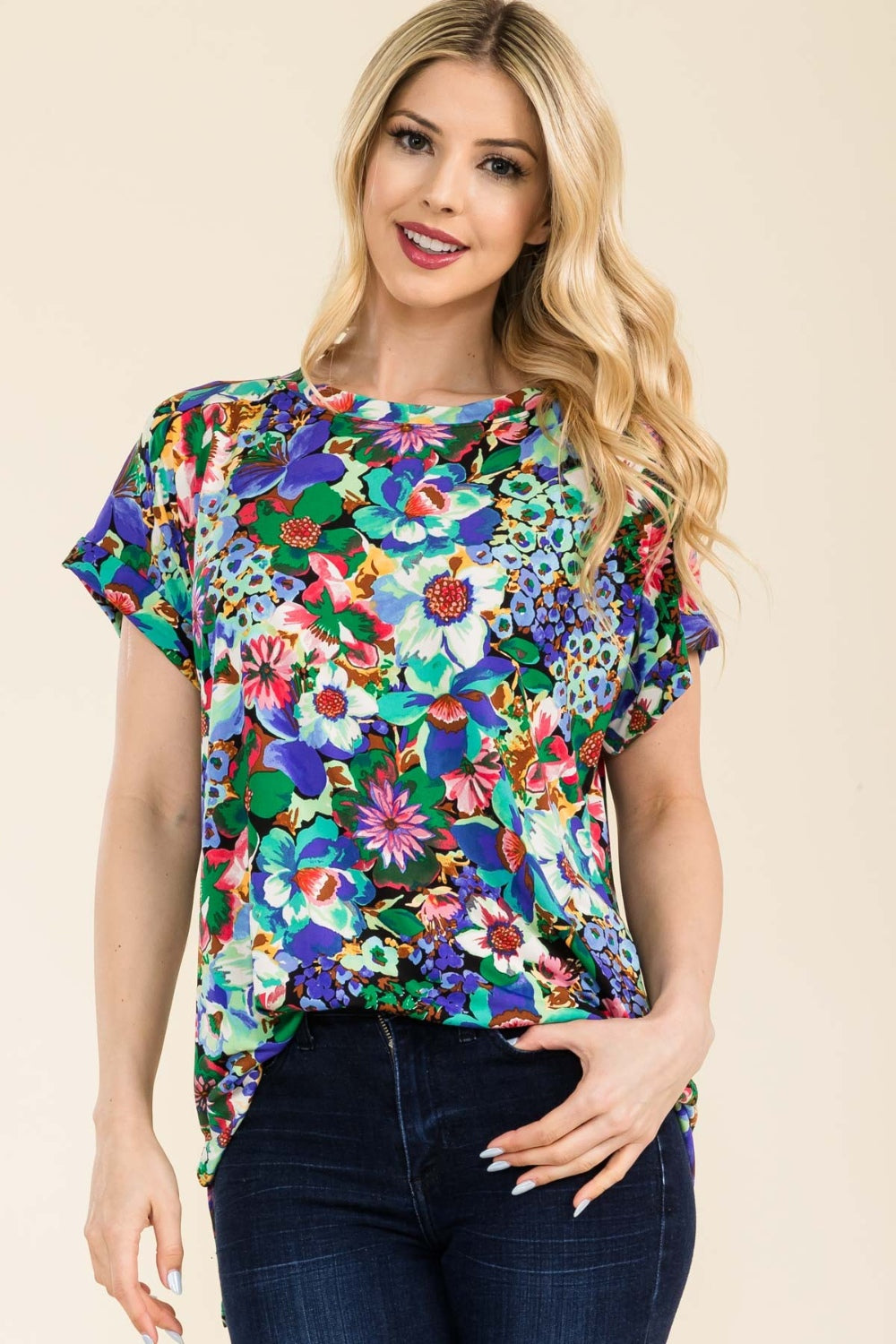 Celeste Full Size Round Neck Short Sleeve Floral T-Shirt-TOPS / DRESSES-[Adult]-[Female]-2022 Online Blue Zone Planet