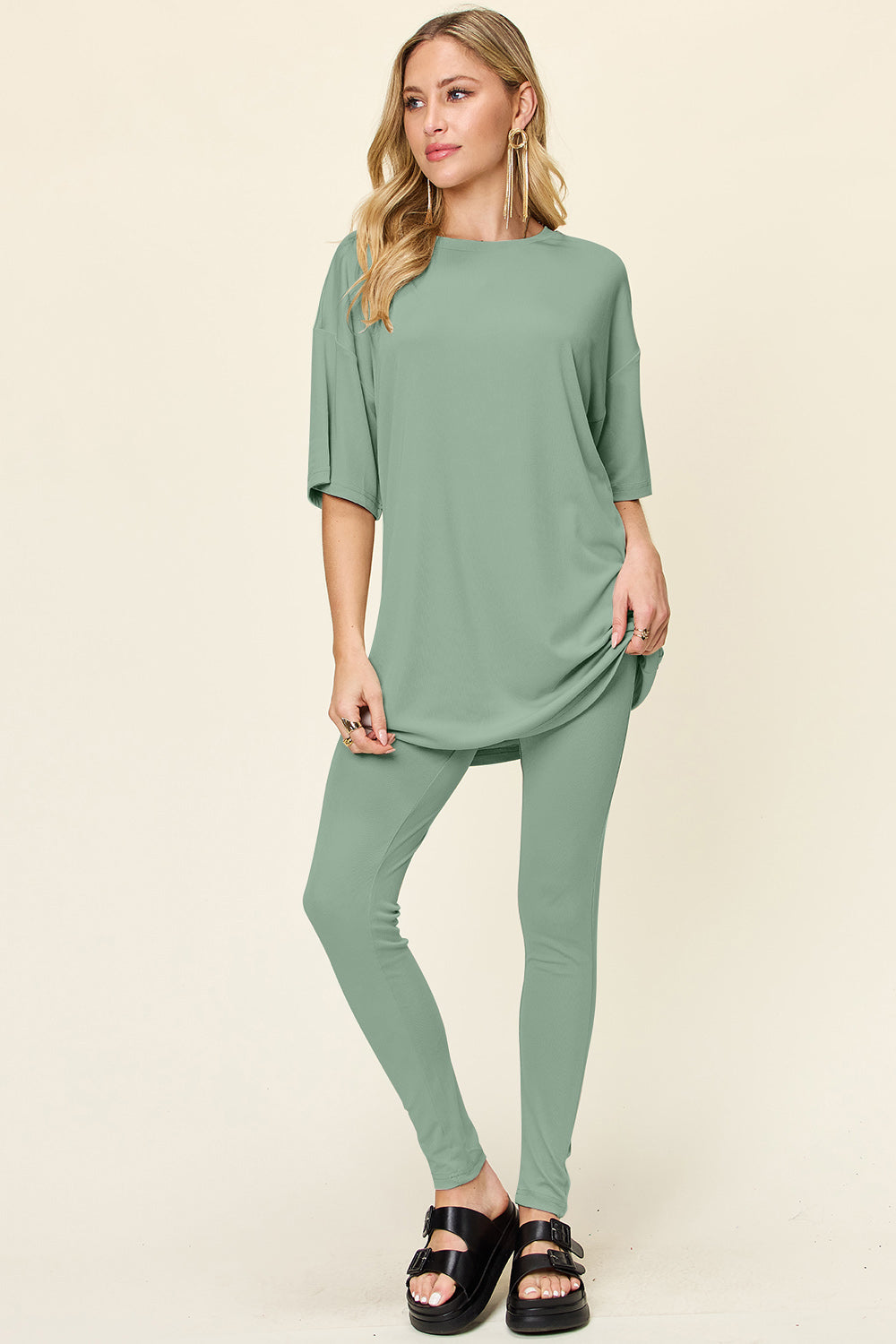 Double Take Full Size Round Neck Dropped Shoulder T-Shirt and Leggings Set-TOPS / DRESSES-[Adult]-[Female]-Light Green-S-2022 Online Blue Zone Planet