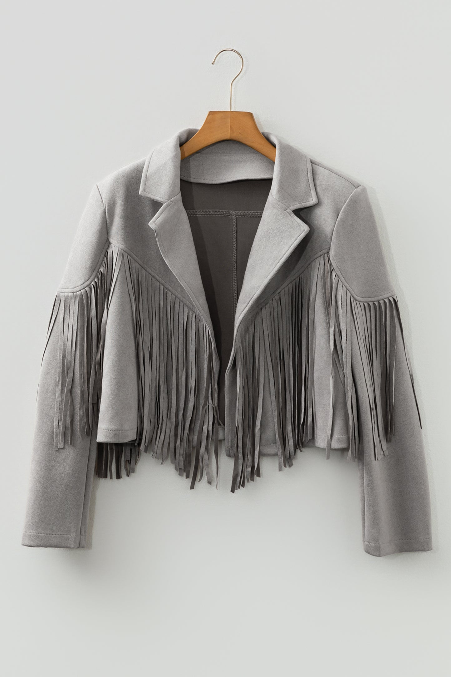 Gray Cropped Fringe Faux Suede Jacket-Outerwear/Jackets-[Adult]-[Female]-2022 Online Blue Zone Planet