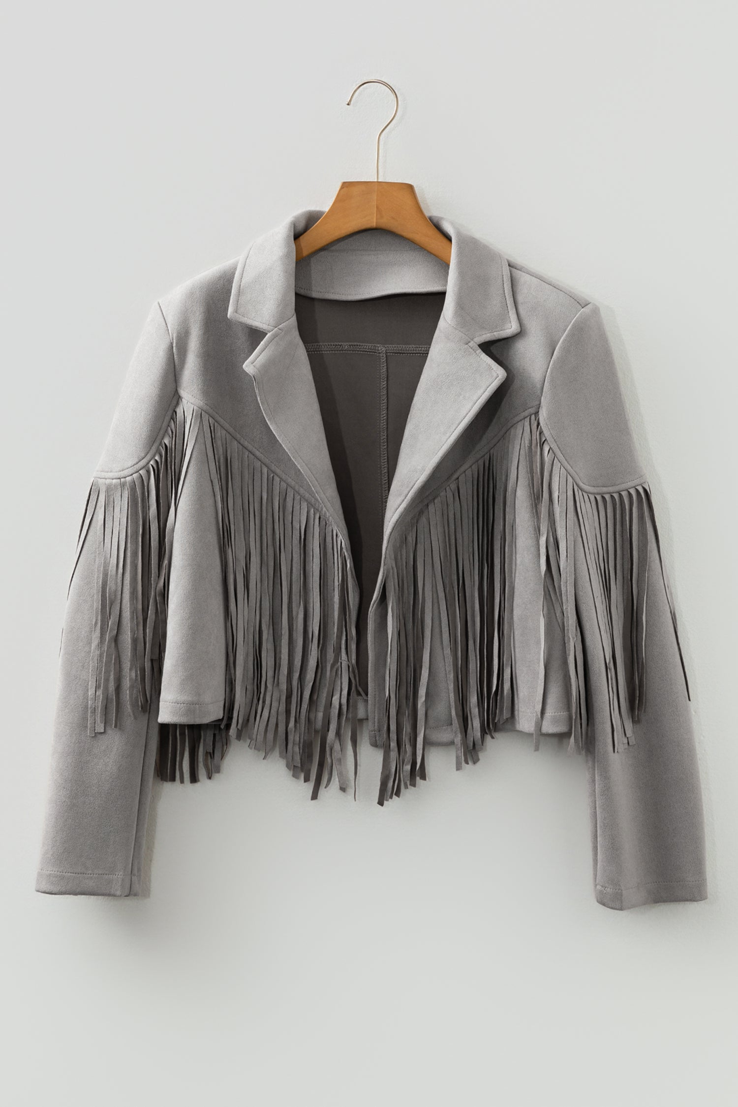 Gray Cropped Fringe Faux Suede Jacket-Outerwear/Jackets-[Adult]-[Female]-2022 Online Blue Zone Planet