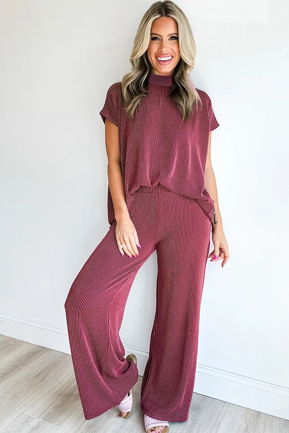 Burgundy Twisted Ribbed High Neck Loose Tee Elastic High Waist Loose Pant Set
