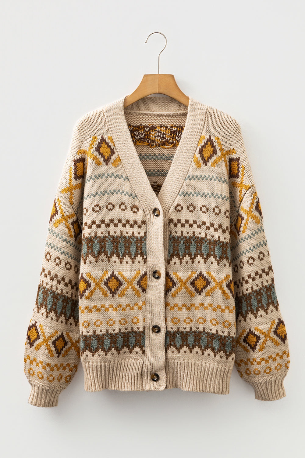 Khaki Western Pattern Knitted Button V Neck Cardigan Sweater-Sweaters & Cardigans/Cardigans-[Adult]-[Female]-2022 Online Blue Zone Planet