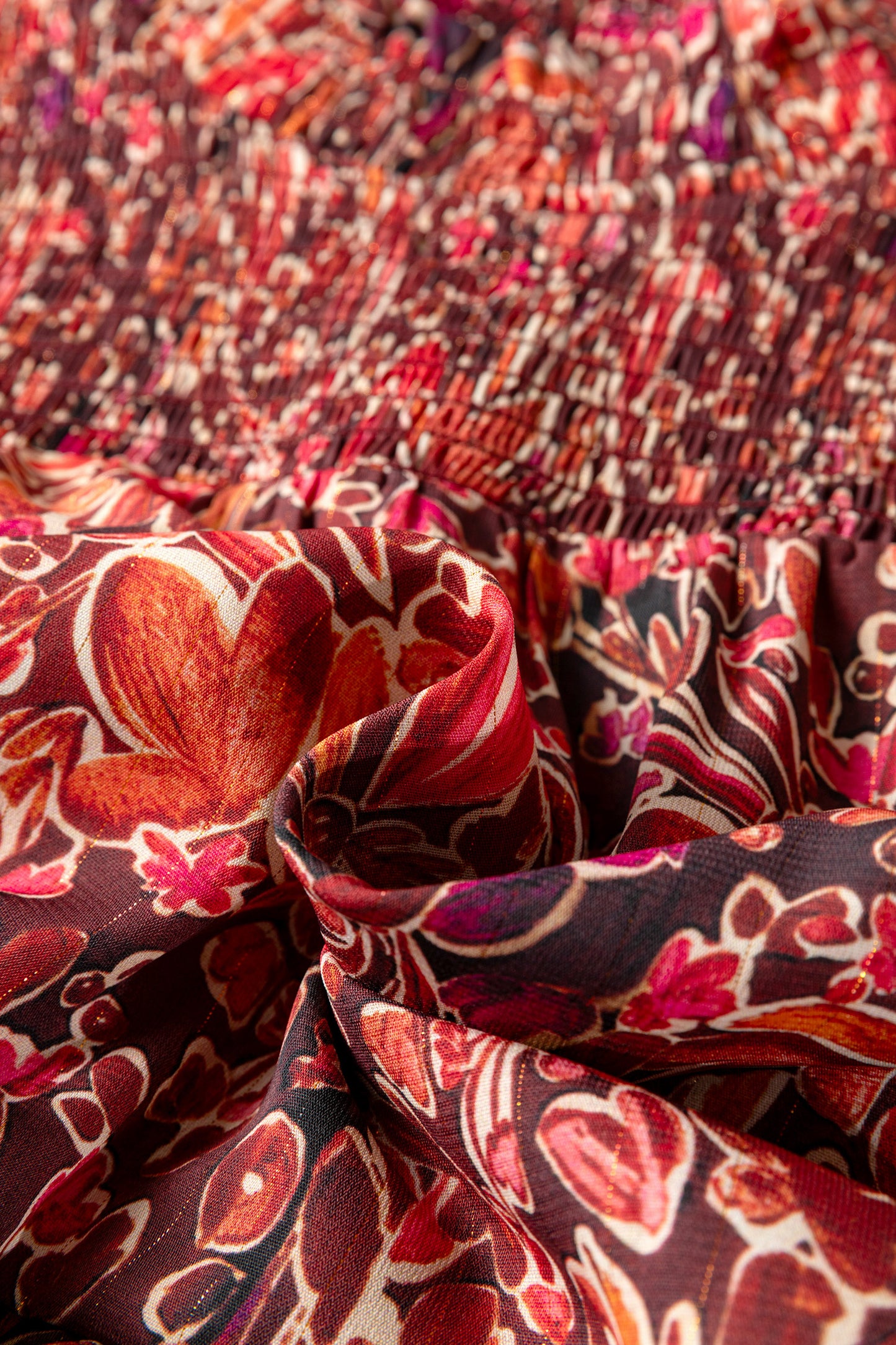 Red Floral Print Long Sleeve Shirred High Neck Loose Mini Dress-TOPS / DRESSES-[Adult]-[Female]-2022 Online Blue Zone Planet