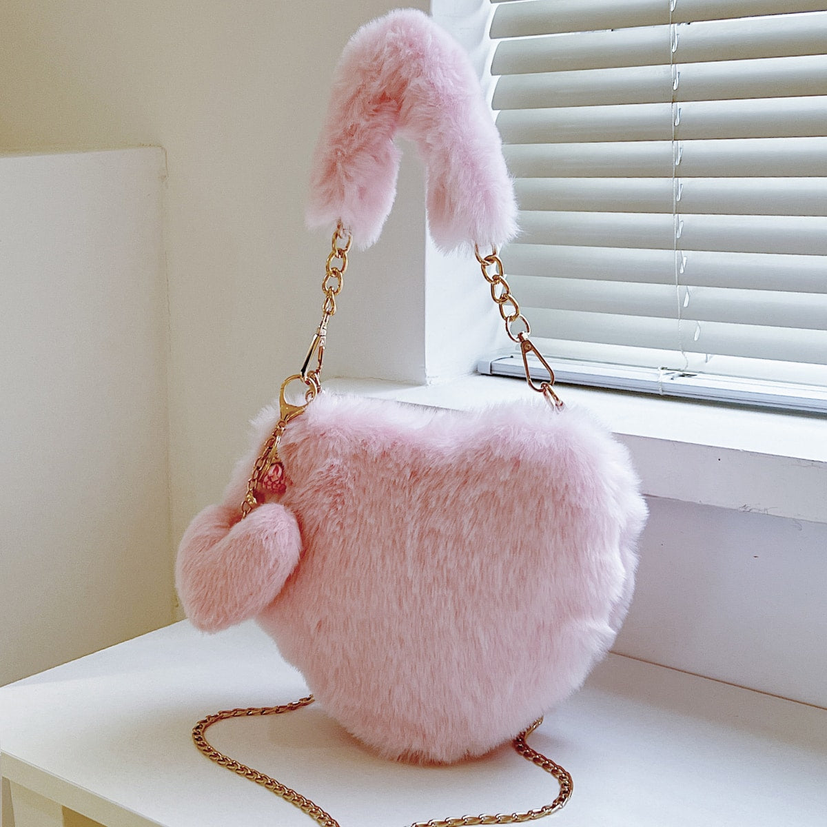 Heart Shape Faux Fur Handbag-HANDBAGS-[Adult]-[Female]-Blush Pink-One Size-2022 Online Blue Zone Planet