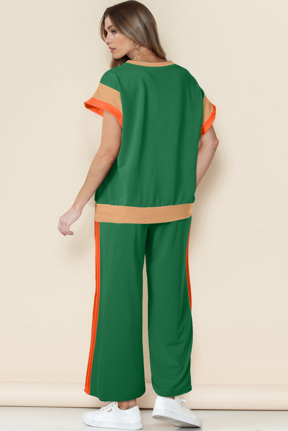 Dark Green Color Block Detail Casual Two-piece Set-Two Piece Sets/Pant Sets-[Adult]-[Female]-2022 Online Blue Zone Planet