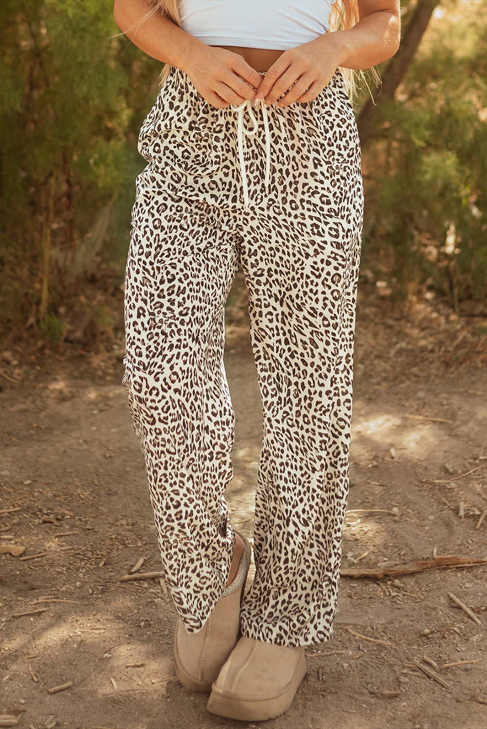 Brown Leopard Drawstring Elastic Waistband Loose Pants-Bottoms/Pants & Culotte-[Adult]-[Female]-2022 Online Blue Zone Planet