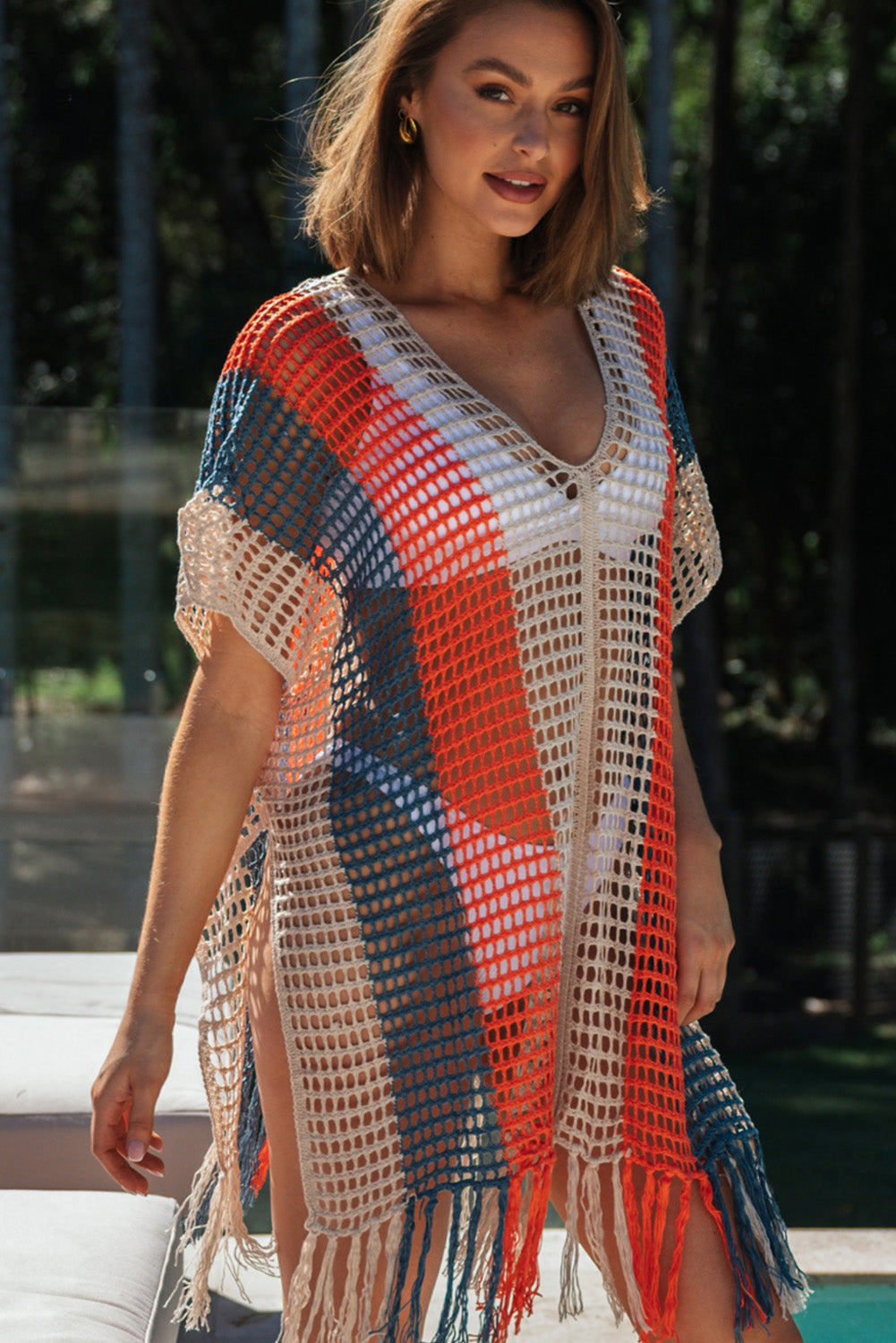 Blue Zone Planet |  Multicolor Striped Tassel Crochet V Neck Beach Cover Up Blue Zone Planet