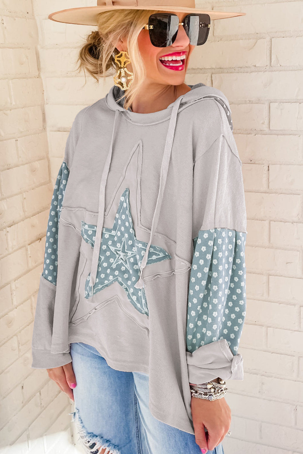 Floral Patchwork Star Pattern Drawstring Hoodie-TOPS / DRESSES-[Adult]-[Female]-2022 Online Blue Zone Planet