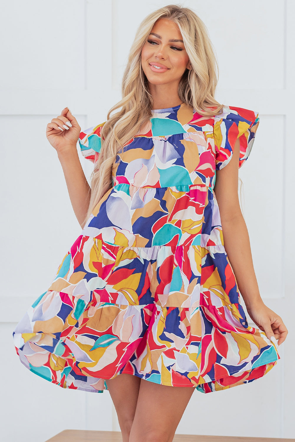 Pink Abstract Printed Ruffled Flutter Sleeve Tiered Mini Dress-Dresses/Mini Dresses-[Adult]-[Female]-Pink-S-2022 Online Blue Zone Planet