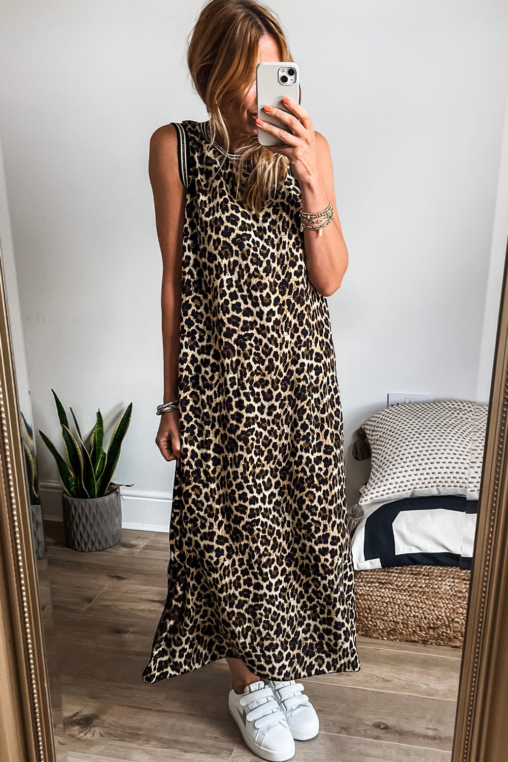 Black Contrast Striped Trim Leopard Sleeveless Maxi Dress-Dresses/Maxi Dresses-[Adult]-[Female]-2022 Online Blue Zone Planet