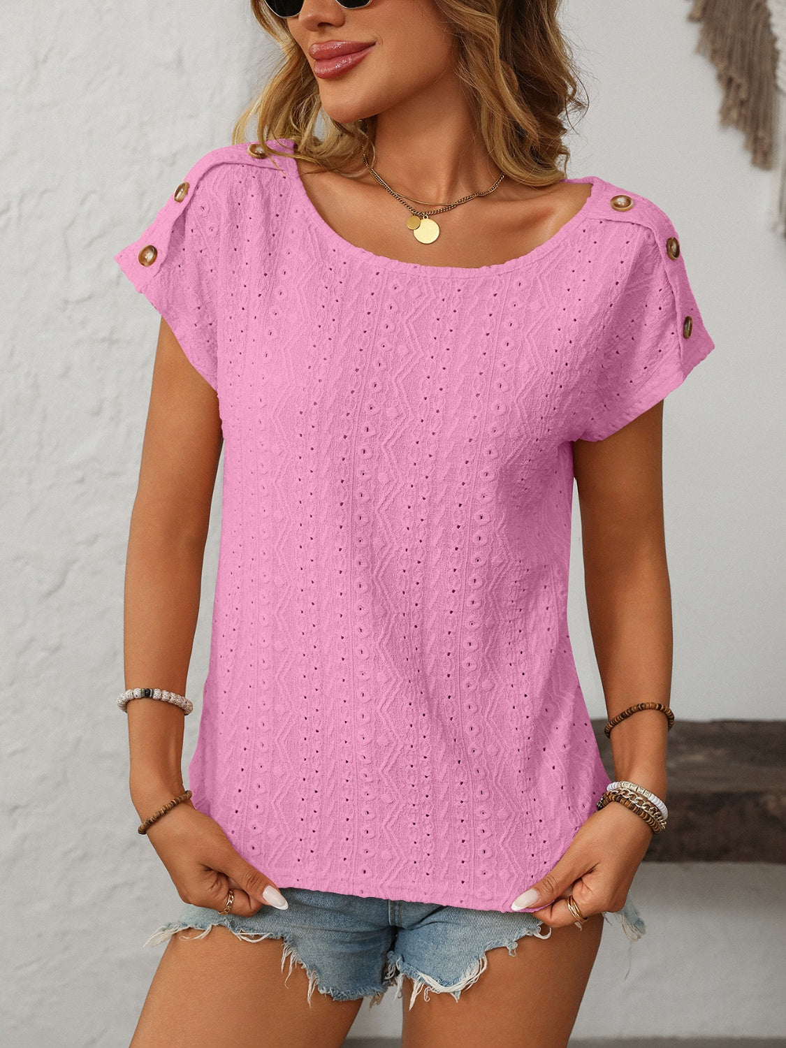 Mandy Eyelet Round Neck Short Sleeve Top-TOPS / DRESSES-[Adult]-[Female]-Pink-S-2022 Online Blue Zone Planet