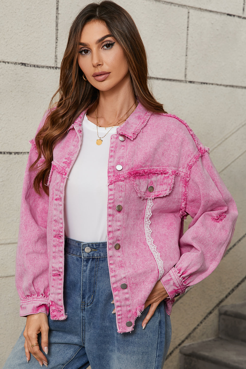 Blue Zone Planet | Pink Lace Patchwork Distressed Buttoned Denim Jacket-Outerwear/Denim jackets-[Adult]-[Female]-2022 Online Blue Zone Planet