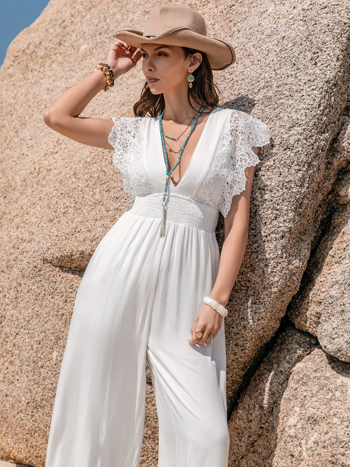 Lace Detail Plunge Cap Sleeve Jumpsuit-TOPS / DRESSES-[Adult]-[Female]-2022 Online Blue Zone Planet