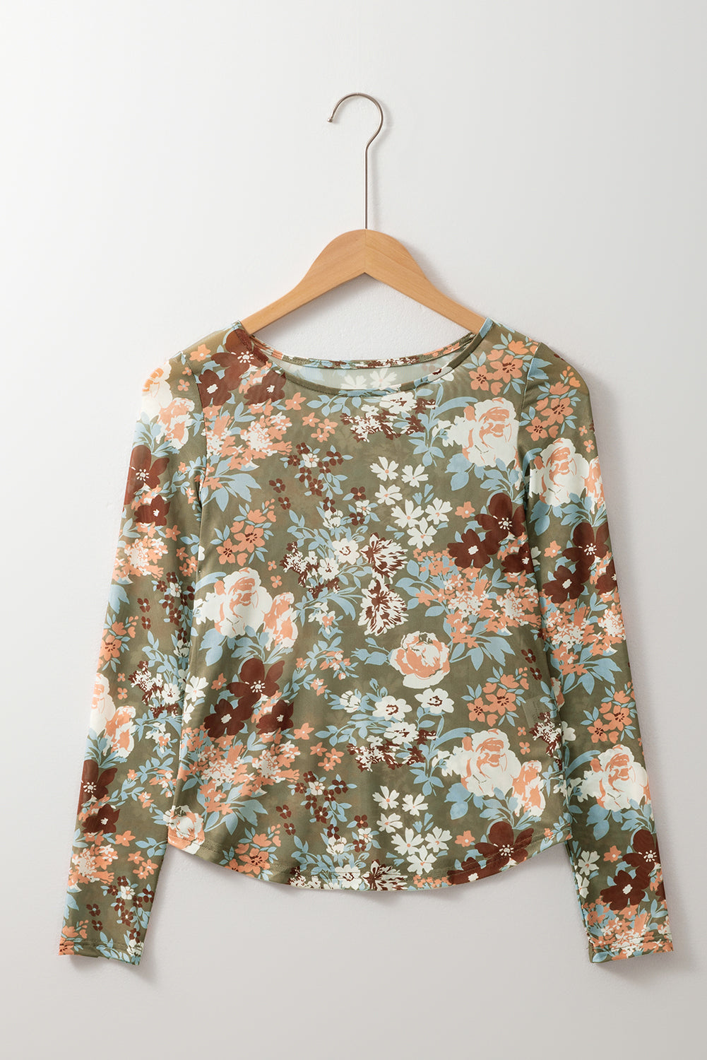 Blue Zone Planet | Green Floral Print Mesh Fitted Long Sleeve Top-Tops/Long Sleeve Tops-[Adult]-[Female]-2022 Online Blue Zone Planet