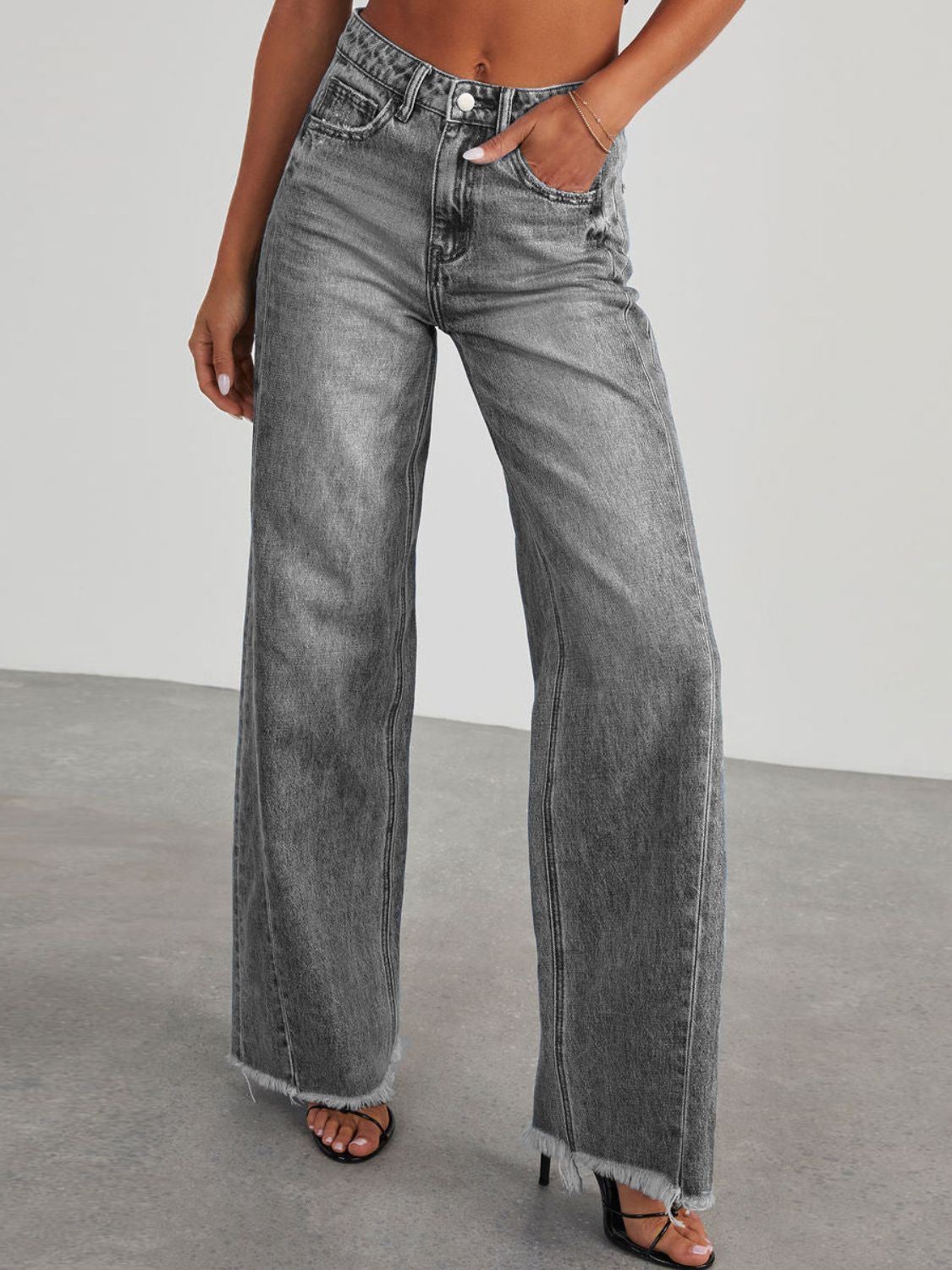 Raw Hem Wide Leg Jeans with Pockets-TOPS / DRESSES-[Adult]-[Female]-Dark Gray-S-2022 Online Blue Zone Planet