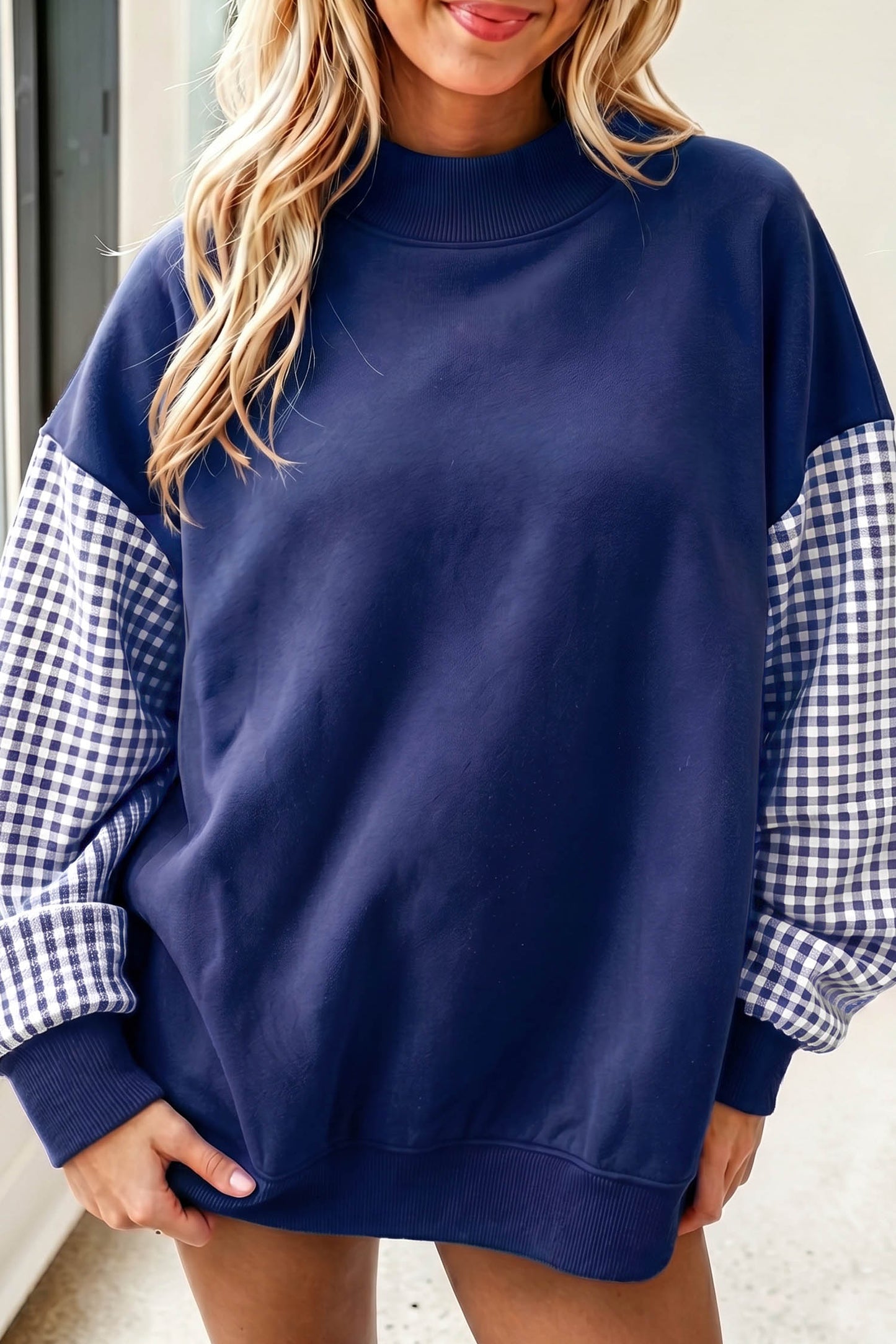 Coffee Plaid Sleeve Colorblock Loose Tunic Sweatshirt