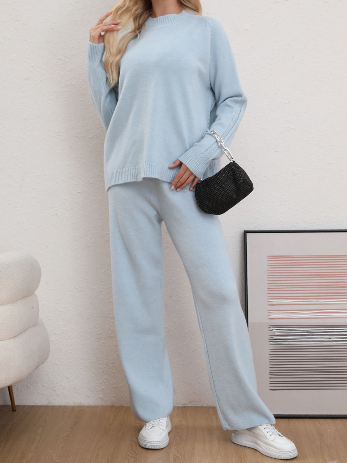 Mock Neck Long Sleeve Top and Pants Sweater Set-TOPS / DRESSES-[Adult]-[Female]-Light Blue-One Size-2022 Online Blue Zone Planet