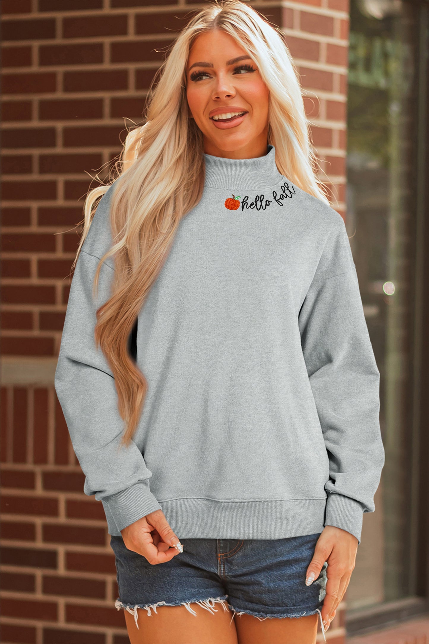 Gray hello fall Embroidered Pumpkin Detail Mock Neck Sweatshirt-Graphic/Graphic Sweatshirts-[Adult]-[Female]-2022 Online Blue Zone Planet