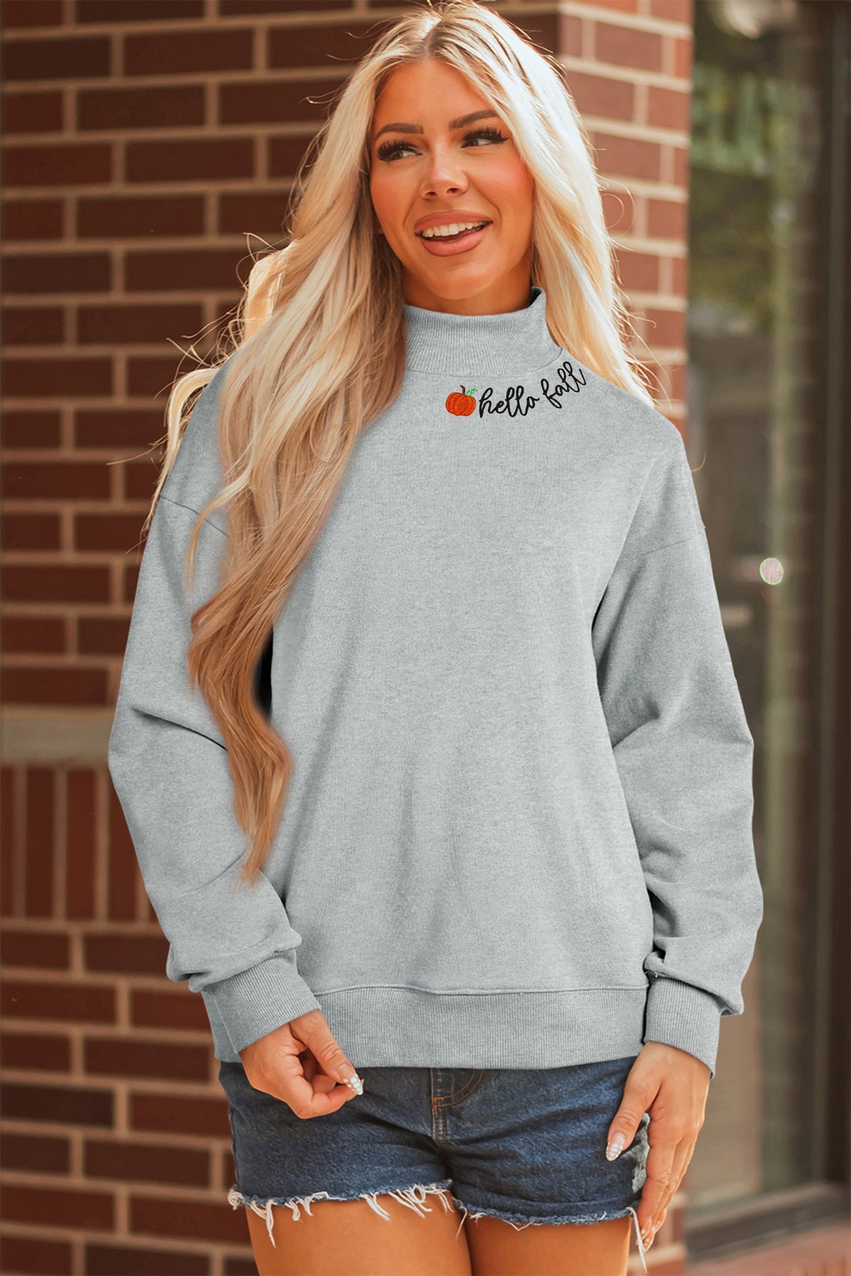 Gray hello fall Embroidered Pumpkin Detail Mock Neck Sweatshirt-Graphic/Graphic Sweatshirts-[Adult]-[Female]-2022 Online Blue Zone Planet