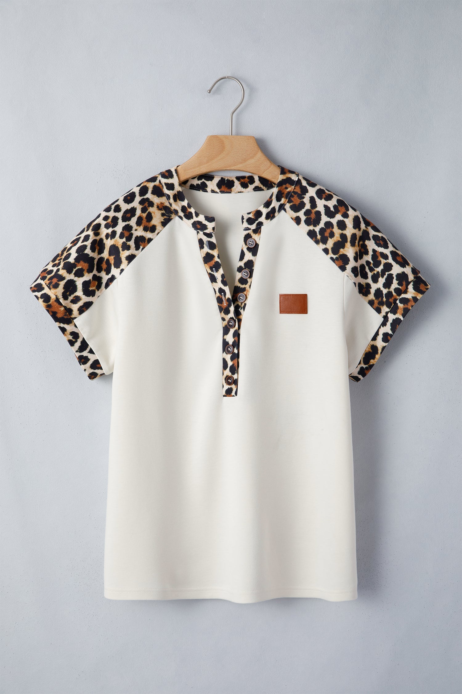 Beige Leopard Patchwork Half Button Short Sleeve Top-Tops/Tops & Tees-[Adult]-[Female]-2022 Online Blue Zone Planet