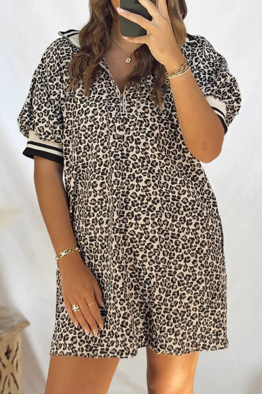 Khaki Leopard Print Zip Neck Striped Webbing Patchwork T Shirt Mini Dress-TOPS / DRESSES-[Adult]-[Female]-Khaki-S-2022 Online Blue Zone Planet