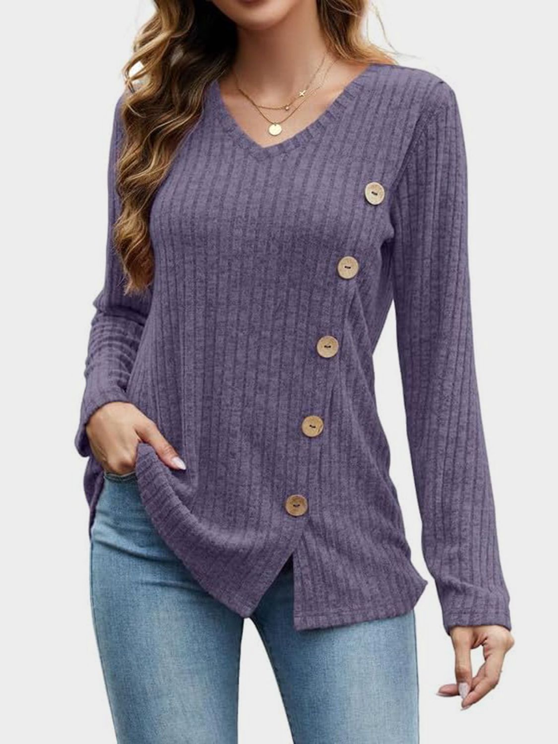 V-Neck Long Sleeve T-Shirt-TOPS / DRESSES-[Adult]-[Female]-Mauve-S-2022 Online Blue Zone Planet