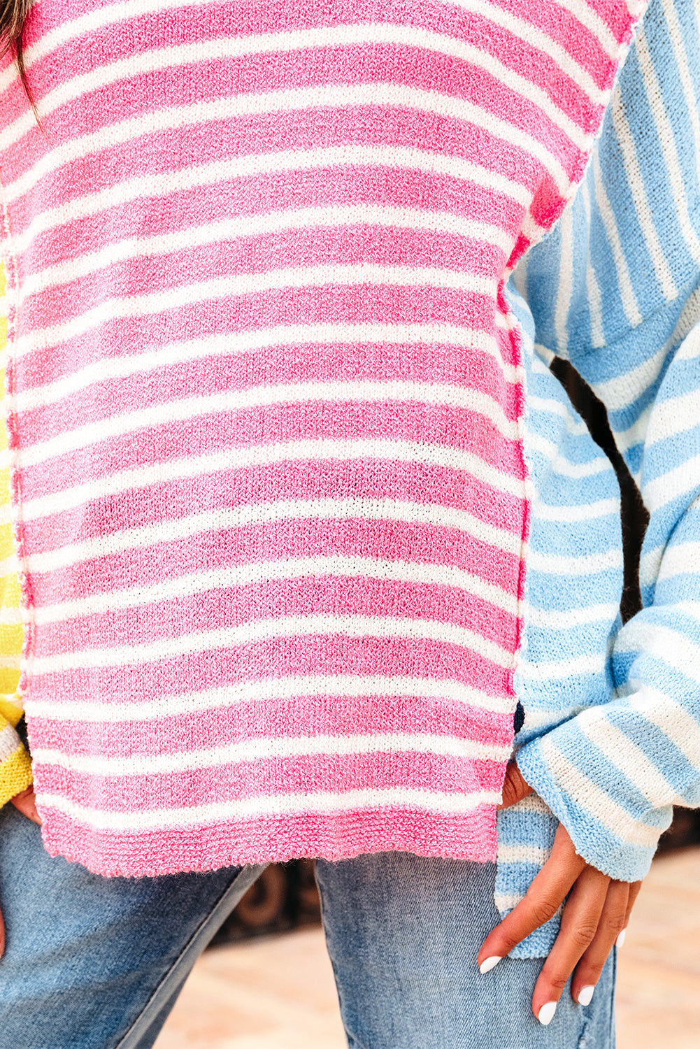 Multicolour Color Block Striped Patchwork Dolman Sleeve Slit Sweater-TOPS / DRESSES-[Adult]-[Female]-2022 Online Blue Zone Planet