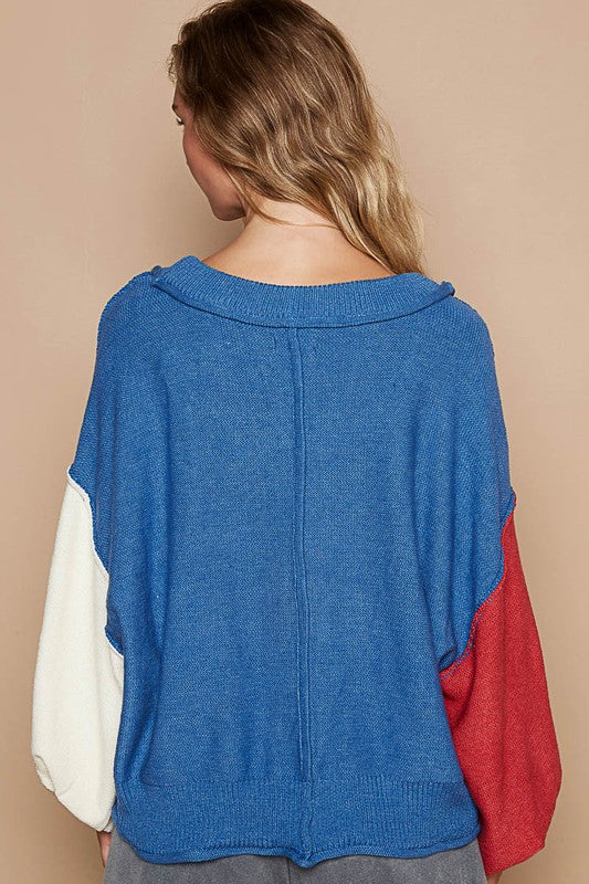 Blue Zone Planet | POL Exposed Seam Contrast V-Neck Lantern Sleeve Sweater-TOPS / DRESSES-[Adult]-[Female]-2022 Online Blue Zone Planet