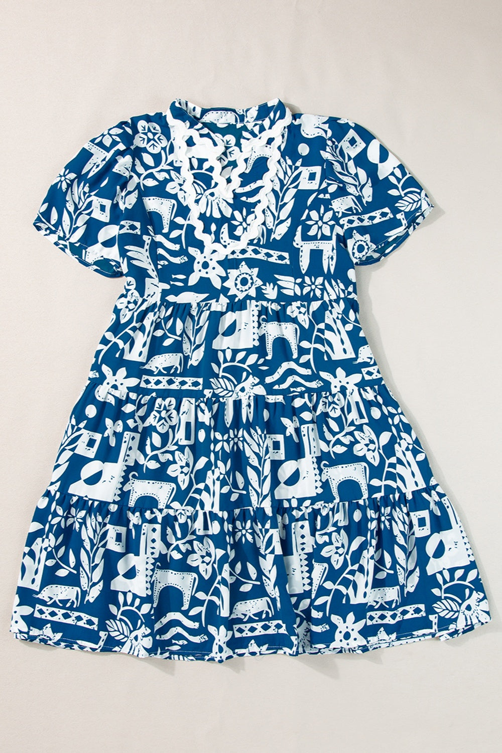 Printed Notched Short Sleeve Mini Dress-TOPS / DRESSES-[Adult]-[Female]-Peacock Blue-S-2022 Online Blue Zone Planet